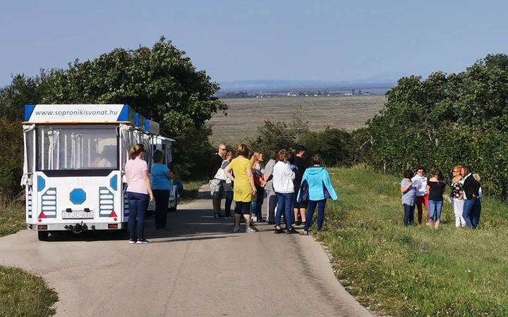 A soproni kisvonat utasokkal a Fertő-táj fölötti úton