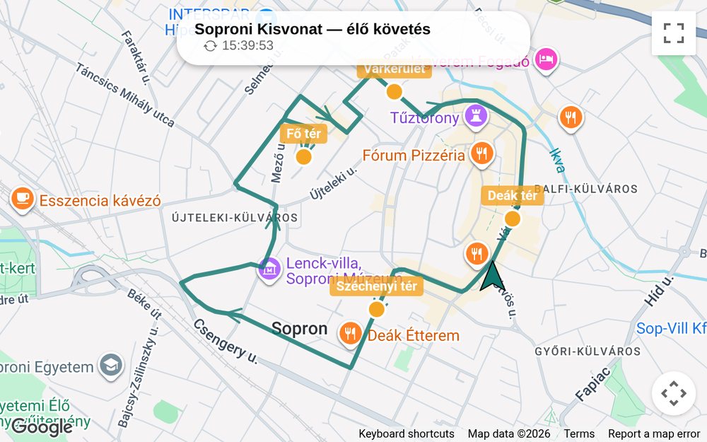 Élő követő térkép: a soproni belvárosi kör útvonala, a megállók és a mozgó jármű